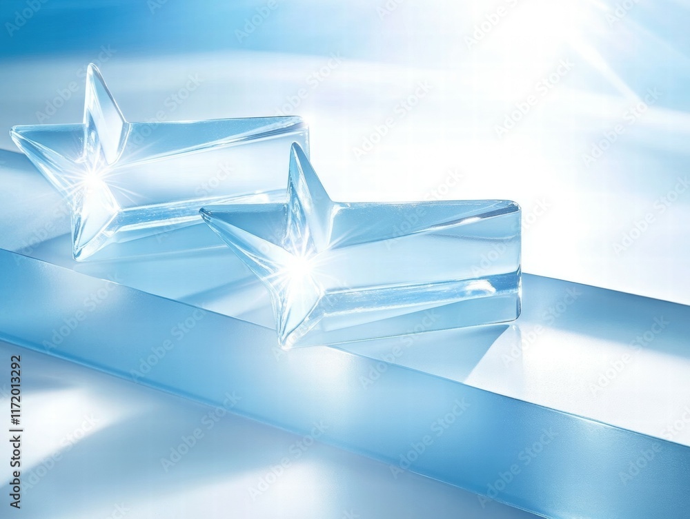 Poster two clear star-shaped glass objects reflecting light on a smooth surface.