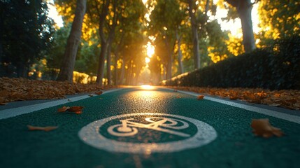 Sunlit bike path with autumn leaves.
