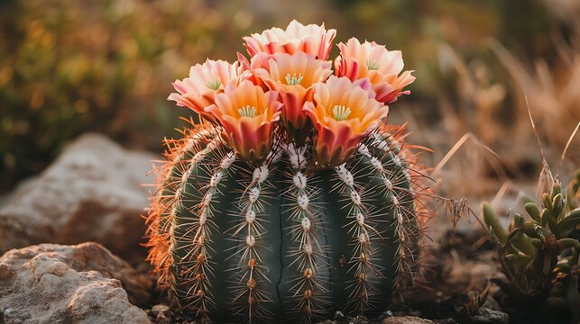 Blooming Cactus With Orange Flowers In Desert Setting