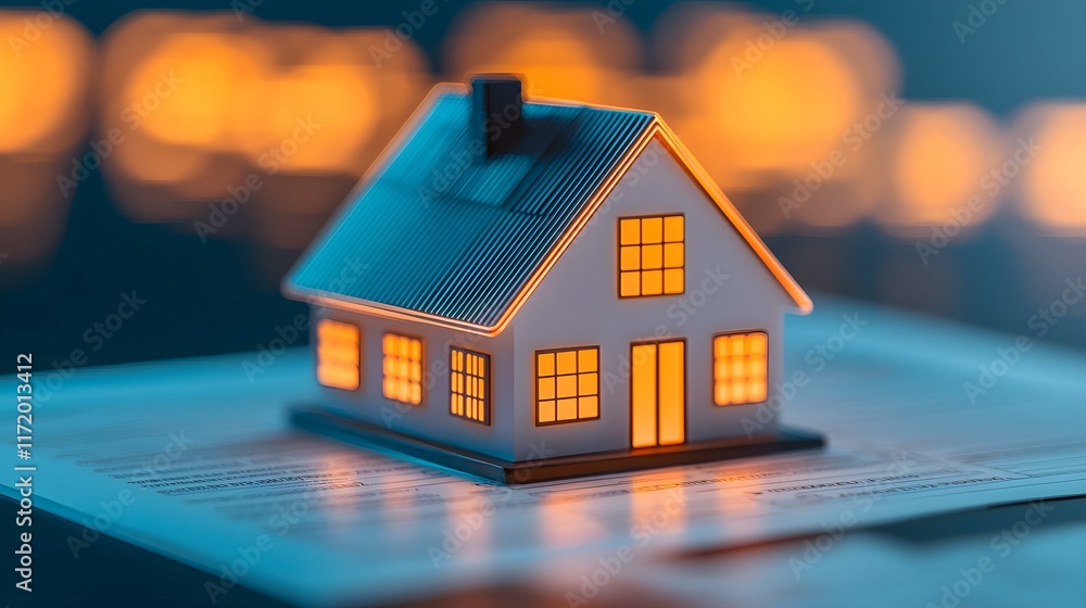 Poster illuminated miniature house on document in soft focus background creating a warm and inviting atmosp