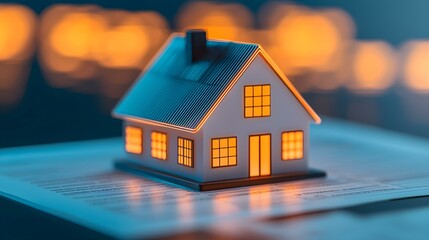 Illuminated miniature house on document in soft focus background creating a warm and inviting atmosphere for real estate concepts