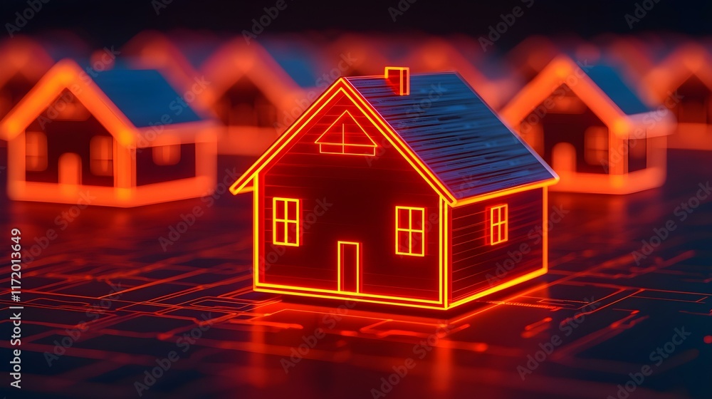 Aufkleber digital house model with neon glow on circuit board background representing smart home technology in