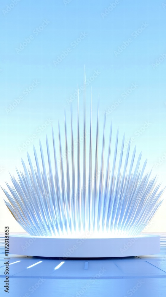 Poster a sleek, modern structure resembling a shell or wave, set against a light blue background.