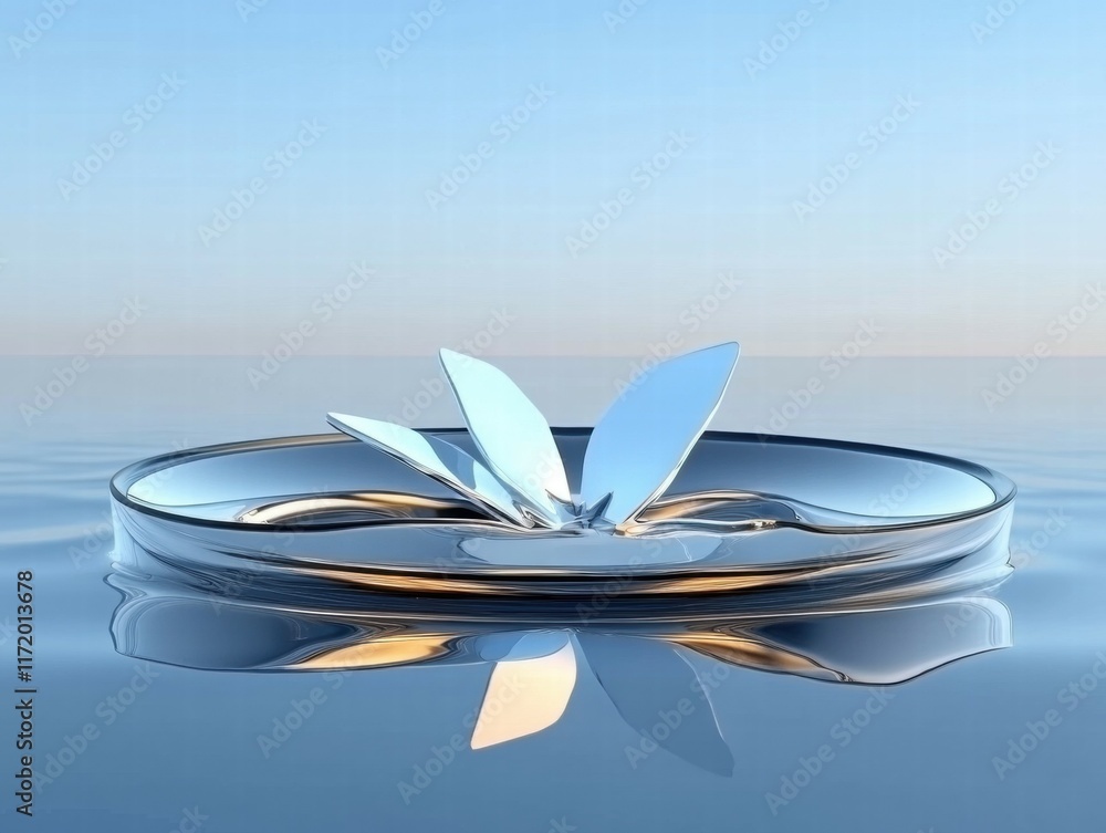 Poster a serene water surface with a reflective, stylized flower shape emerging from it.