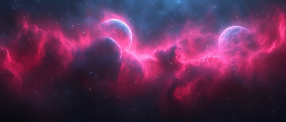 Obraz premium Two planets in a pink nebula.