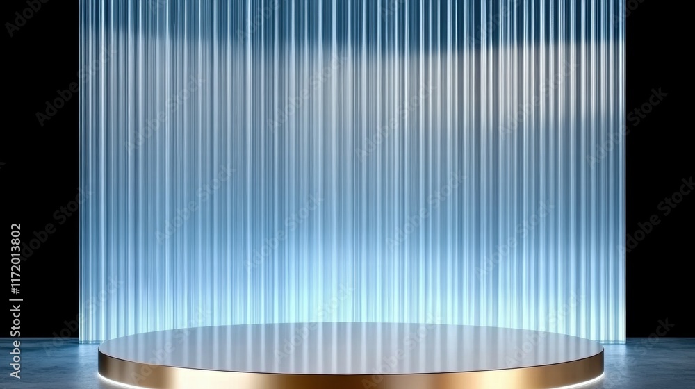 Poster A minimalistic stage with vertical lines and a circular platform, suggesting a presentation area.