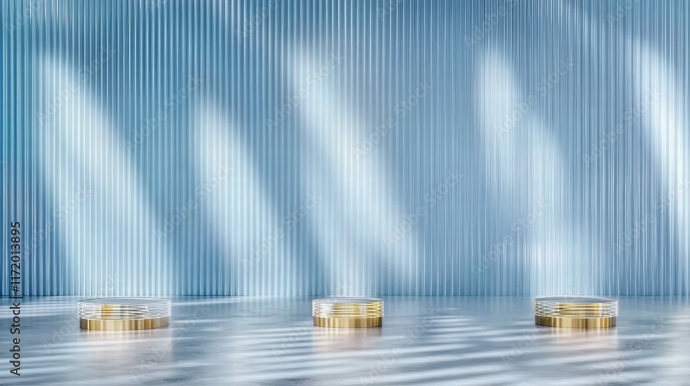 Aufkleber A minimalist display featuring three circular platforms in a softly lit, modern environment.