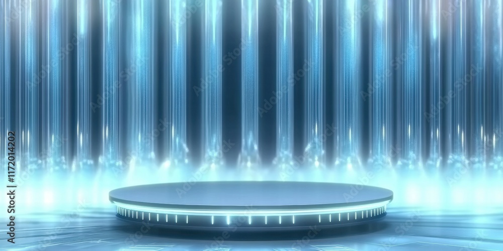 Poster a futuristic stage with a glowing platform and illuminated backdrop.