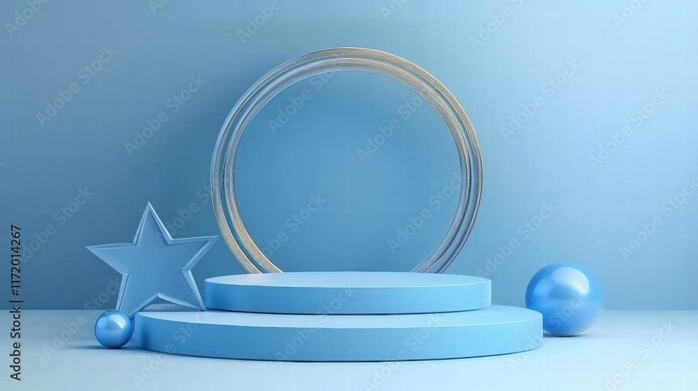 Aufkleber a minimalist blue display featuring geometric shapes and a circular frame.
