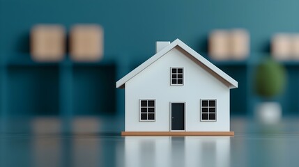 Miniature white house model on a blurred background in a modern interior setting with soft colors and minimalistic design elements