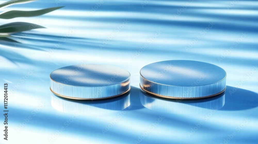 Leinwandbilder two reflective circular objects on a blue surface with soft shadows.