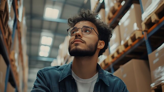 A young man with glasses looks upward in a warehouse, surrounded by stacked boxes.  He appears thoughtful and pensive, perhaps considering inventory or logistics.