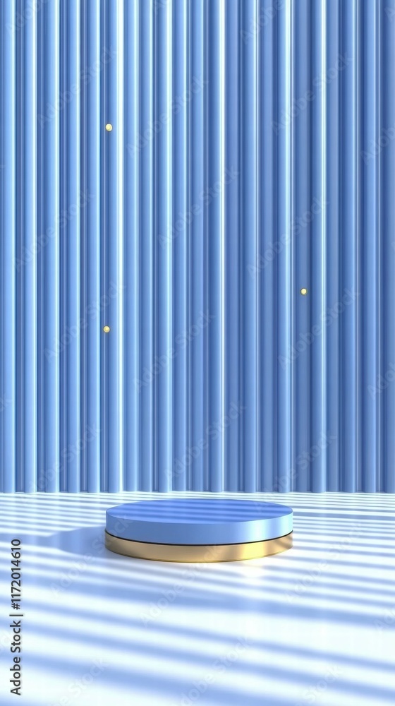Poster a minimalist blue display platform with vertical stripes and subtle accents.