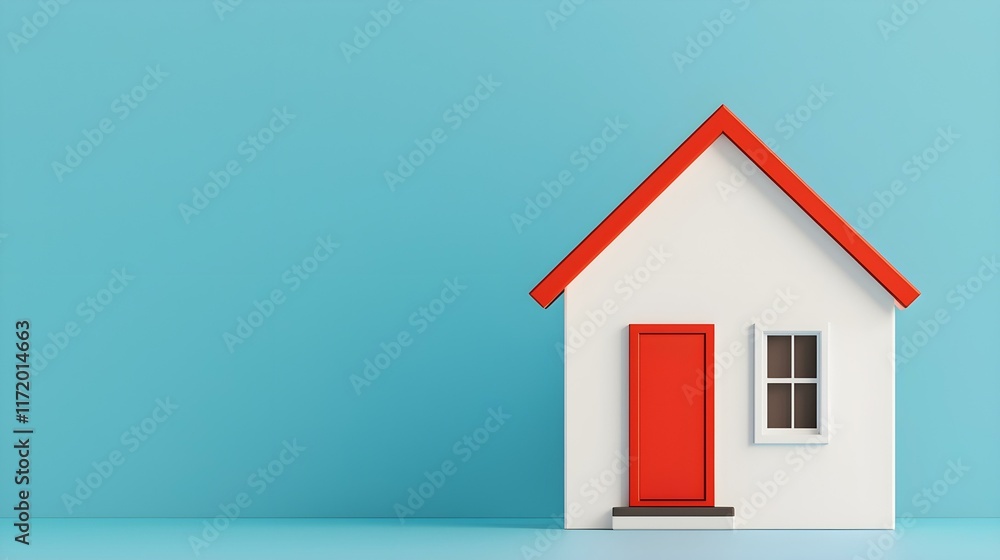 Poster minimalist model of a house with red roof and door on blue background for design and architecture co
