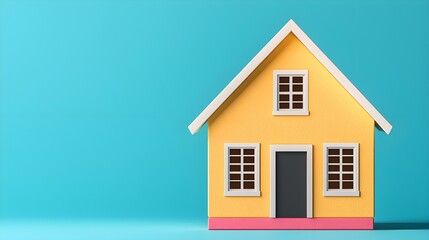 Obraz premium Colorful Model House with Yellow Exterior and Blue Background for Creative Design and Real Estate Concepts