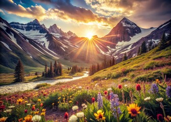 High-resolution vintage photo: Spring's sun melts mountain snow, revealing a breathtaking valley landscape.