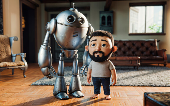  Friendship between adult man with  a beard and funny home robot in home interior in 3в cartoon style