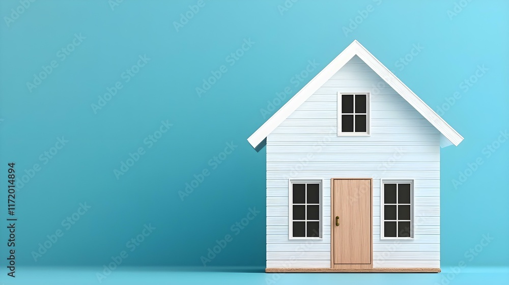 Poster minimalistic house model on a bright turquoise background representing modern architecture and home 