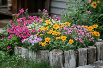Fototapeta premium Colorful Flowers Planted in Rustic Wooden Planter