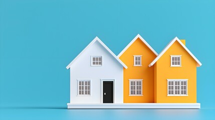 Colorful miniature houses on a vibrant blue background for home, architecture, and design concepts