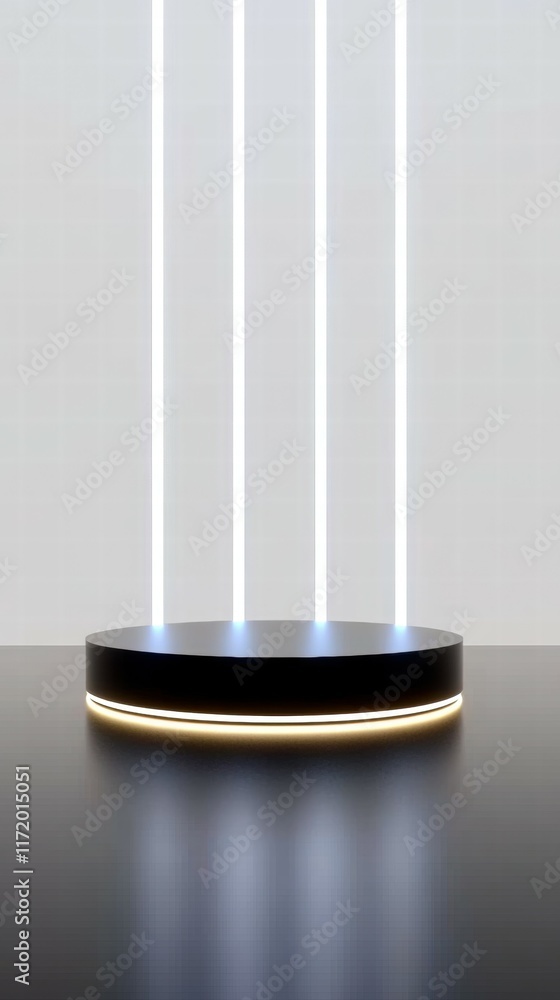 Poster A minimalist display podium with illuminated vertical beams, ideal for showcasing products.