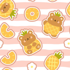 kawaii hand drawn teddy bear with pineapple on a stripes, blue pastel background, kids seamless pattern with food