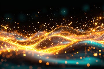 Fototapeta premium The glowing particles and lines in this 3D rendering create a mesmerizing display against the sleek black background, adding depth and dimension to the digital drawing.