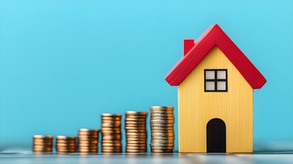 Colorful model house with coins on a blue background representing savings and investment in real estate and property ownership