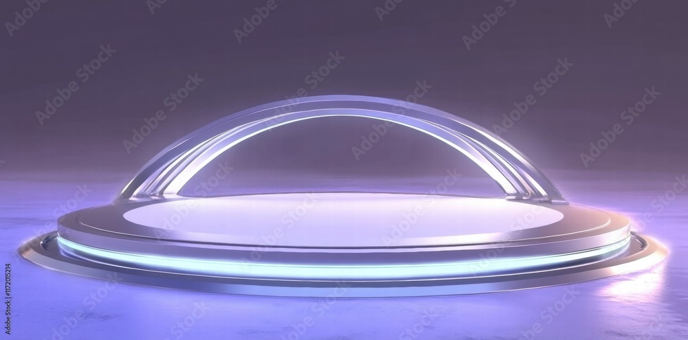 Poster a futuristic, illuminated platform with a transparent dome, suggesting advanced technology.
