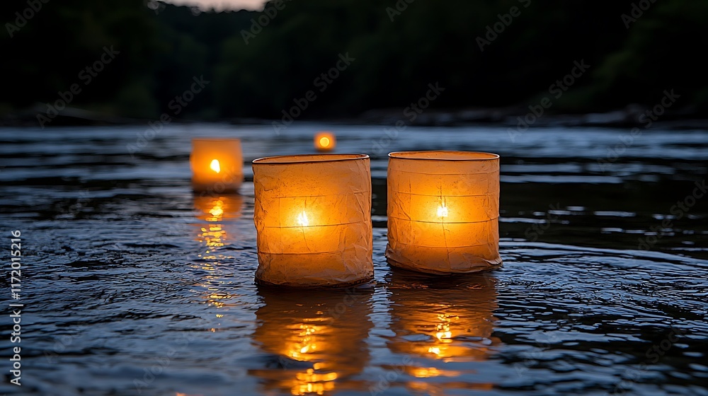 Poster two illuminated paper lanterns float on a calm river at dusk, with two more in the background.