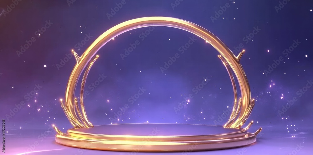 Poster a golden archway with a circular platform against a purple background, suggesting a stage or display