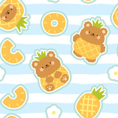 kawaii hand drawn teddy bear with pineapple on a stripes, blue pastel background, kids seamless pattern with food