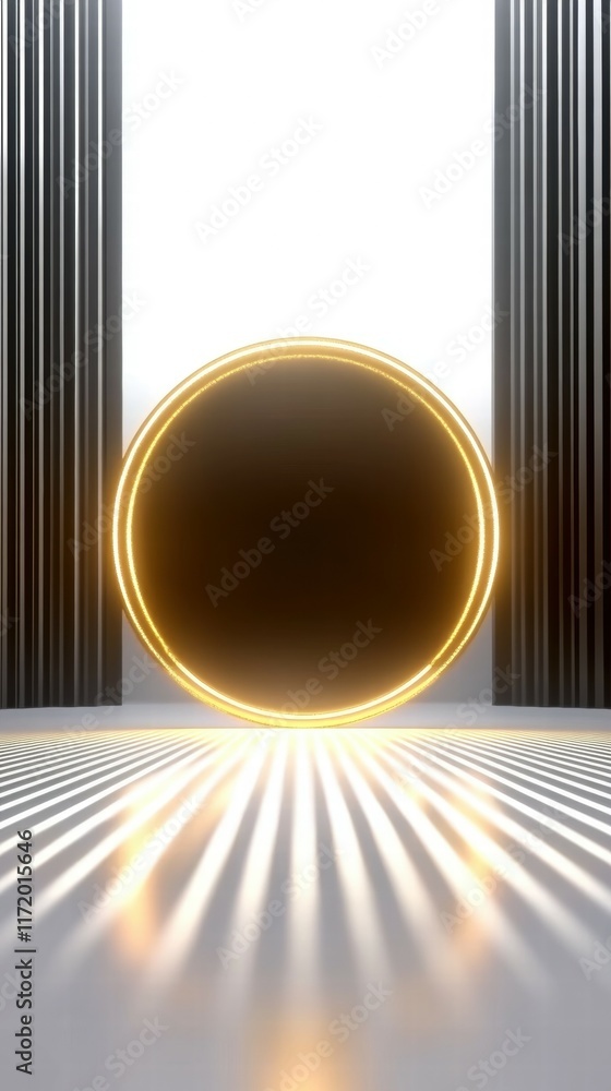 Poster A glowing circular object in a minimalist space with dramatic lighting and shadows.