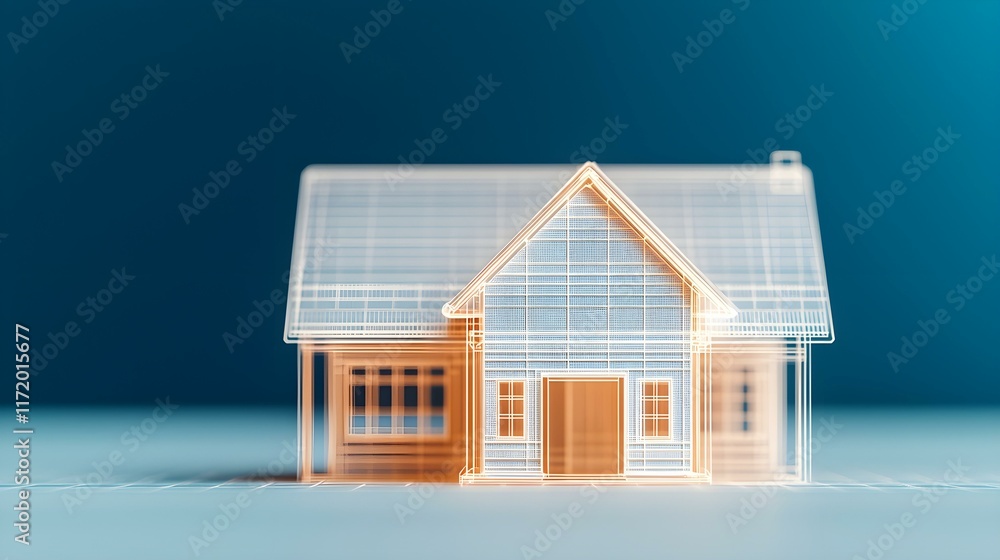 Aufkleber wireframe model of a modern house featuring architectural design and blueprint elements