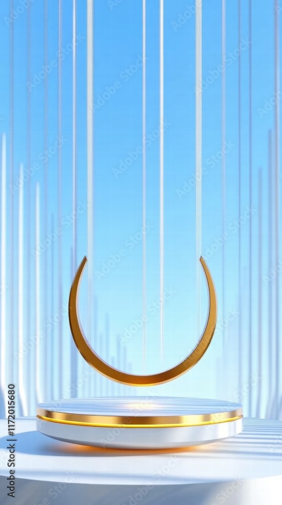 Poster a minimalist display featuring a suspended golden crescent over a circular platform against a blue s