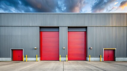 Fototapeta premium Industrial photography: a grey warehouse's deep-red doors, sharply in focus, showcasing architectural detail.