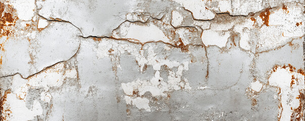 Fototapeta premium White concrete wall showing extensive cracking and rust damage