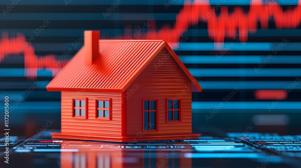 Poster red house model with financial graph and data statistics in background representing real estate mark