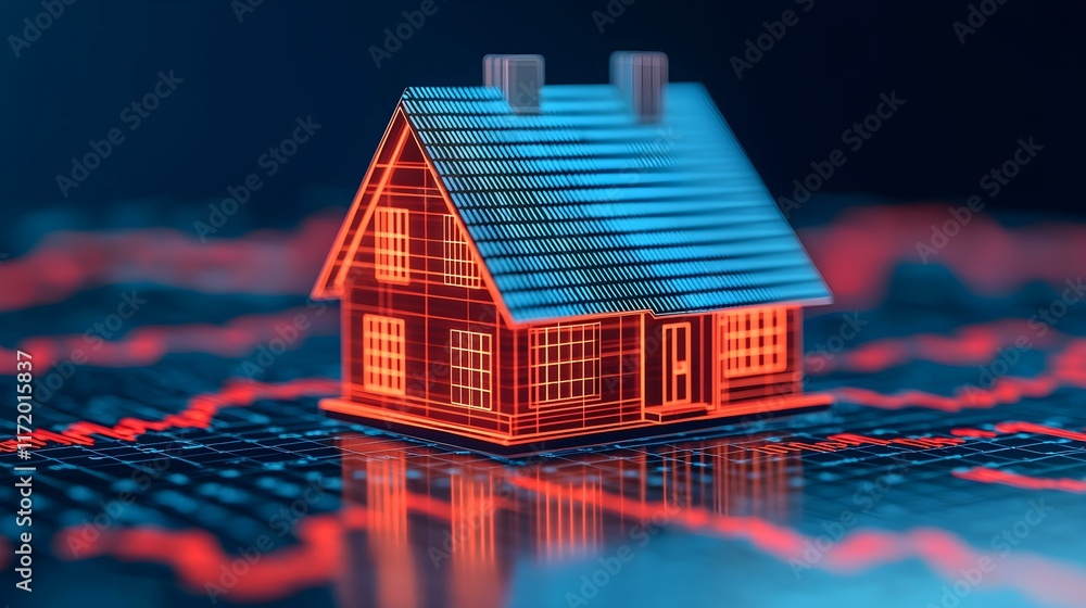 Poster abstract representation of a house model with digital financial charts in the background for real es