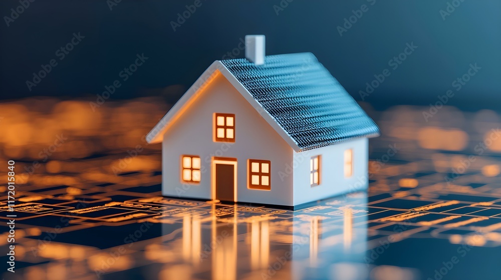 Poster miniature white house model with illuminated windows on abstract blueprint background
