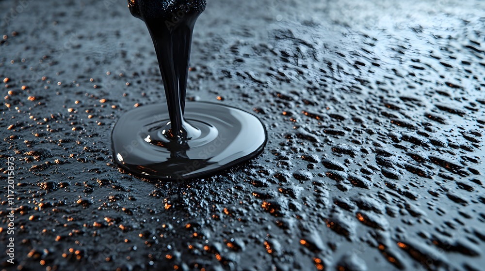 Poster viscous black liquid dripping on a reflective surface with water droplets creating artistic patterns