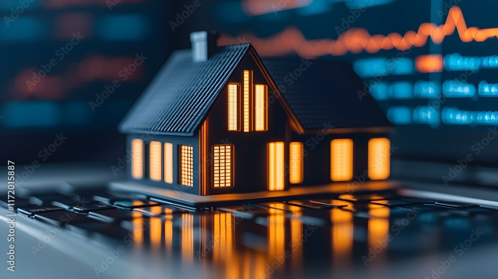 Poster miniature house model glowing on keyboard with digital financial graphs in the background showcasing