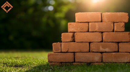 Obraz premium Stack of Red Clay Bricks on a Sunny Day Surrounded by Lush Green Grass in a Natural Outdoor Setting with Soft Sunlight Filtering Through Trees