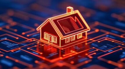 Obraz premium Modern Digital Illustration of a House with Glowing Red Neon Effects on a Circuit Board Background