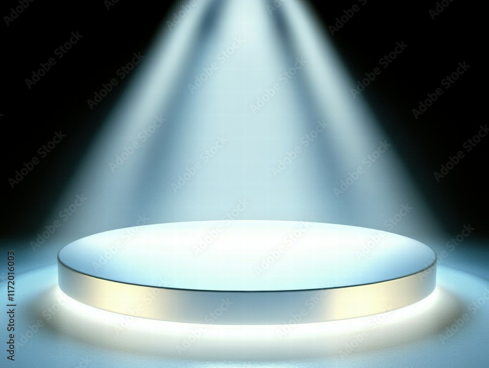 Poster a circular platform illuminated by beams of light, suggesting a stage for presentations or performan