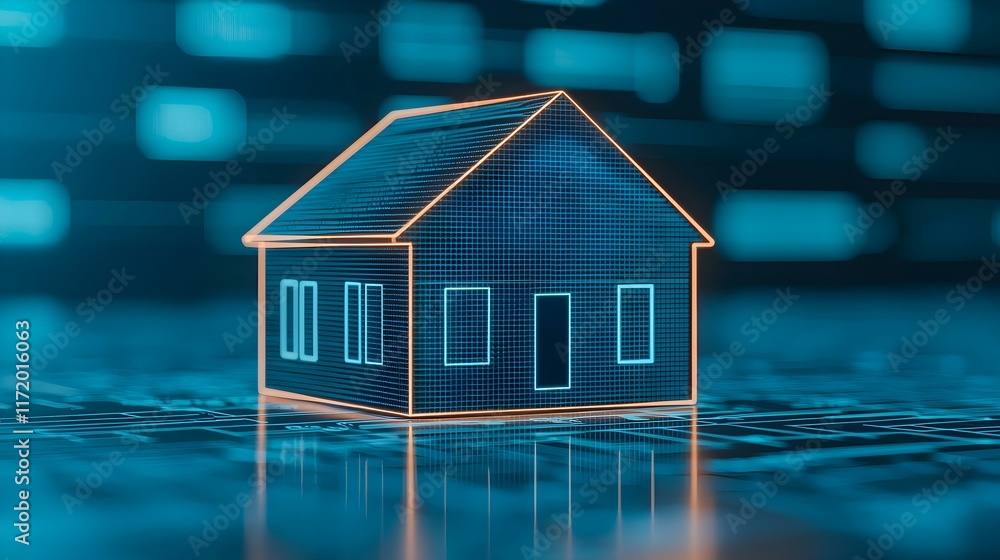Poster futuristic digital house model with blue background and neon lines for technology and architecture c