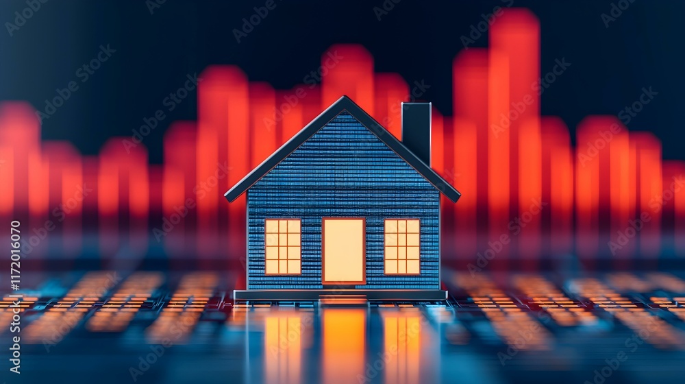 Poster digital house model with glowing windows on abstract financial background showing upward trend in re