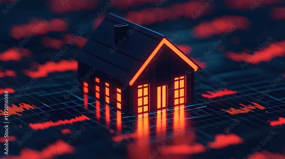 Poster digital representation of a house overlaid on abstract data visualization in red and blue tones
