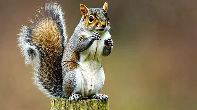 A grey squirrel sitting on a wooden post, raising one paw in a playful gesture against a blurred background.