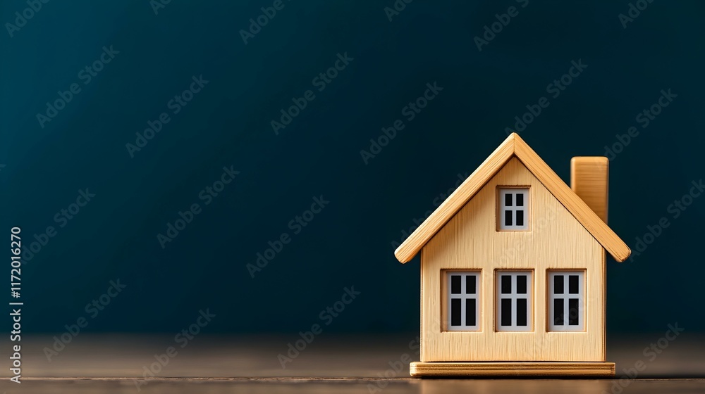 Poster simple wooden house model on table with dark background highlighting concept of home and architectur
